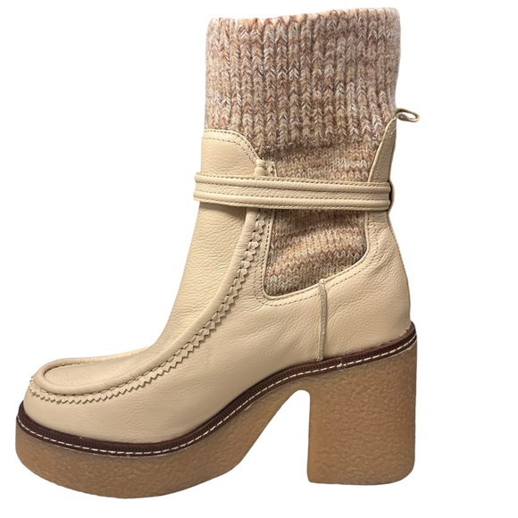 Sam Edelman Cream Leather Knit Cuff Heeled Boots, Austrian Wool - Picture 9 of 13